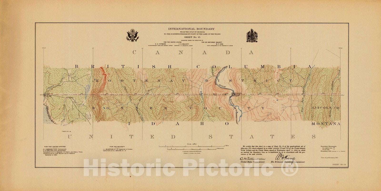 Historic Nautical Map - International Boundary, From The Gulf Of Georgia To The Northwestern Point Of The Lake To The Woods, Sheet No. 15, MT, ID, 1913 NOAA Topographic - Poster Wall Art Reprint - 0