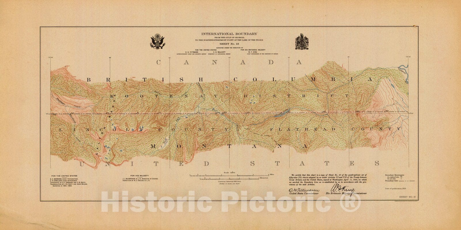 Historic Nautical Map - International Boundary, From The Gulf Of Georgia To The Northwestern Point Of The Lake To The Woods, Sheet No. 18, MT, 1913 NOAA Topographic - Vintage Poster Wall Art Reprint - 0