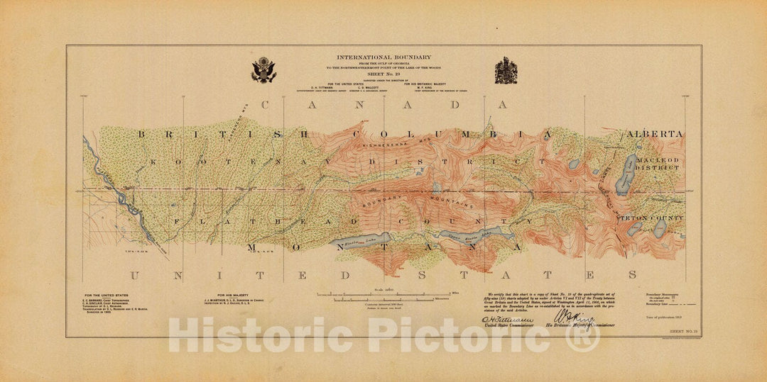 Historic Nautical Map - International Boundary, From The Gulf Of Georgia To The Northwestern Point Of The Lake To The Woods, Sheet No. 19, MT, 1913 NOAA Topographic - Vintage Poster Wall Art Reprint - 0