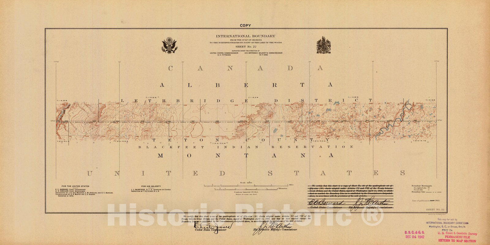 Historic Nautical Map - International Boundary, From The Gulf Of Georgia To The Northwestern Point Of The Lake To The Woods, Sheet No. 22, MT, 1921 NOAA Topographic - Vintage Poster Wall Art Reprint - 0