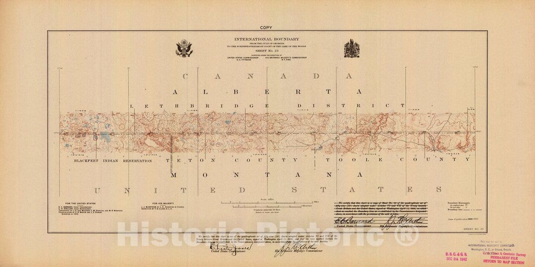 Historic Nautical Map - International Boundary, From The Gulf Of Georgia To The Northwestern Point Of The Lake To The Woods, Sheet No. 23, MT, 1921 NOAA Topographic - Vintage Poster Wall Art Reprint - 0