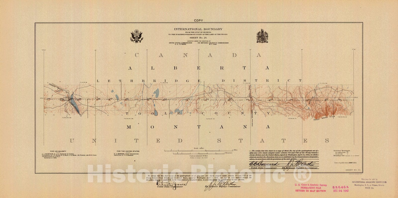 Historic Nautical Map - International Boundary, From The Gulf Of Georgia To The Northwestern Point Of The Lake To The Woods, Sheet No. 24, MT, 1921 NOAA Topographic - Vintage Poster Wall Art Reprint - 0