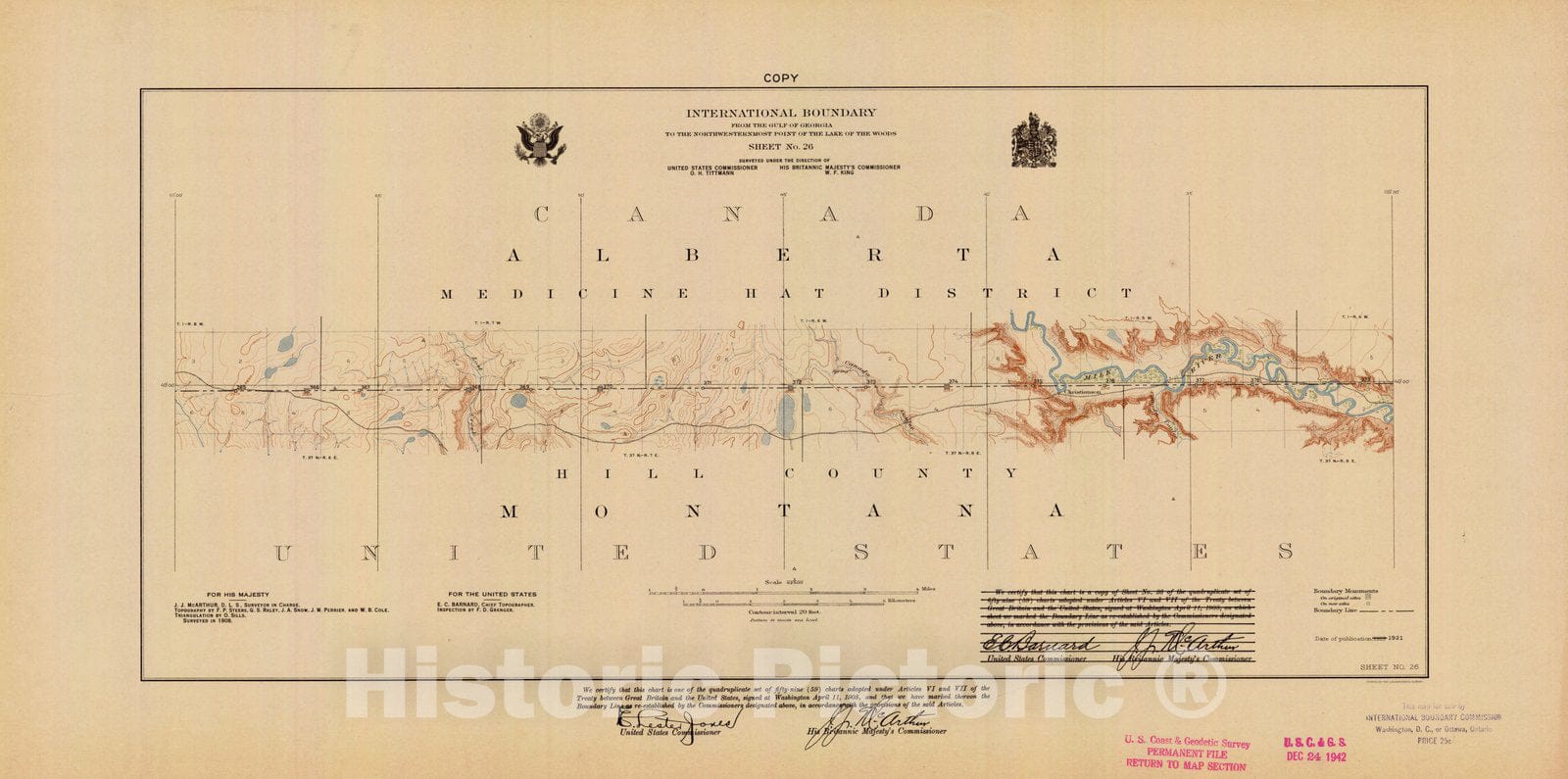 Historic Nautical Map - International Boundary, From The Gulf Of Georgia To The Northwestern Point Of The Lake To The Woods, Sheet No. 26, MT, 1921 NOAA Topographic - Vintage Poster Wall Art Reprint - 0