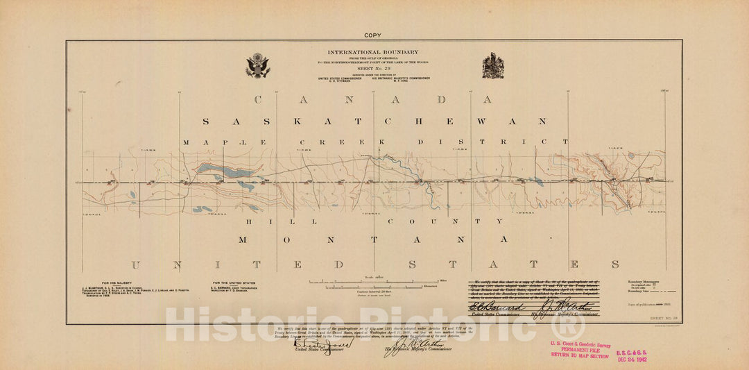 Historic Nautical Map - International Boundary, From The Gulf Of Georgia To The Northwestern Point Of The Lake To The Woods, Sheet No. 28, MT, 1921 NOAA Topographic - Vintage Poster Wall Art Reprint - 0