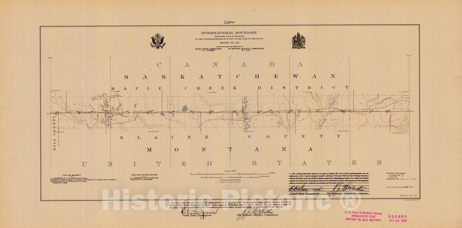 Historic Nautical Map - International Boundary, From The Gulf Of Georgia To The Northwestern Point Of The Lake To The Woods, Sheet No. 29, MT, 1921 NOAA Topographic - Vintage Poster Wall Art Reprint - 0