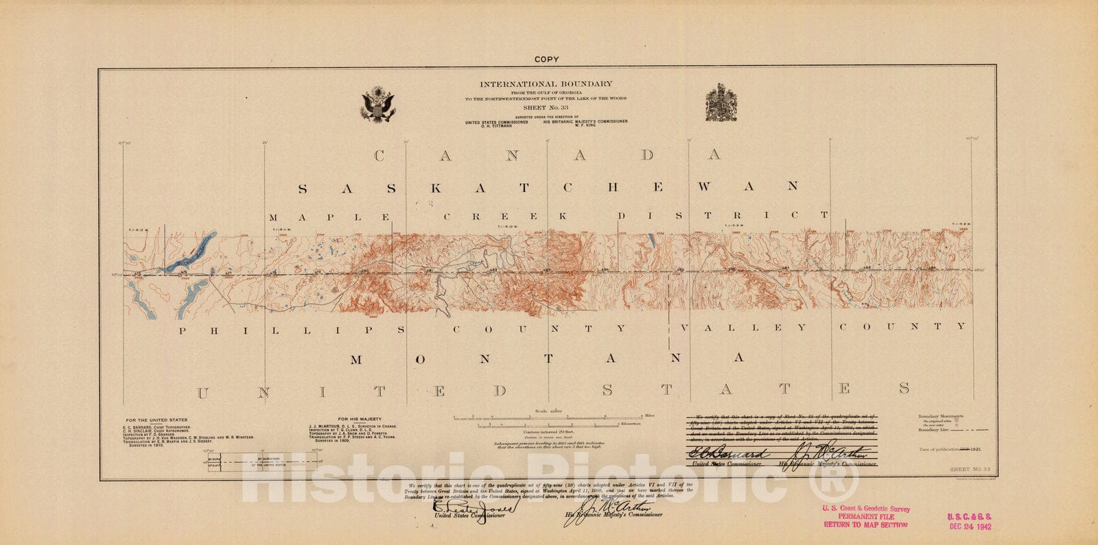 Historic Nautical Map - International Boundary, From The Gulf Of Georgia To The Northwestern Point Of The Lake To The Woods, Sheet No. 33, MT, 1921 NOAA Topographic - Vintage Poster Wall Art Reprint - 0