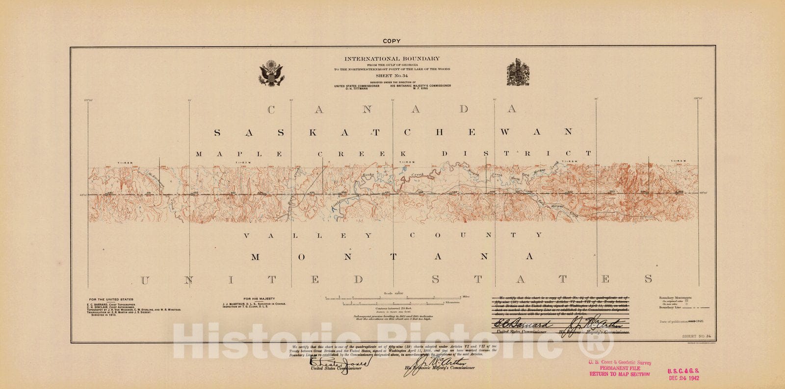 Historic Nautical Map - International Boundary, From The Gulf Of Georgia To The Northwestern Point Of The Lake To The Woods, Sheet No. 34, MT, 1921 NOAA Topographic - Vintage Poster Wall Art Reprint - 0