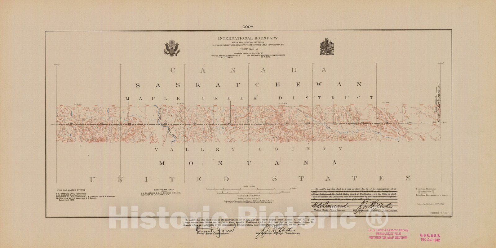 Historic Nautical Map - International Boundary, From The Gulf Of Georgia To The Northwestern Point Of The Lake To The Woods, Sheet No. 35, MT, 1921 NOAA Topographic - Vintage Poster Wall Art Reprint - 0