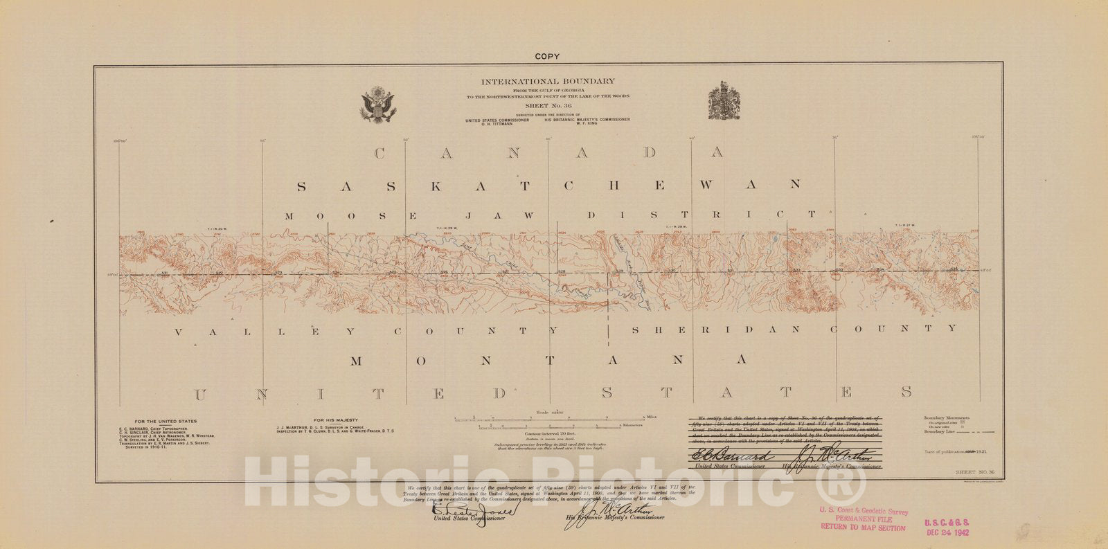 Historic Nautical Map - International Boundary, From The Gulf Of Georgia To The Northwestern Point Of The Lake To The Woods, Sheet No. 36, MT, 1921 NOAA Topographic - Vintage Poster Wall Art Reprint - 0