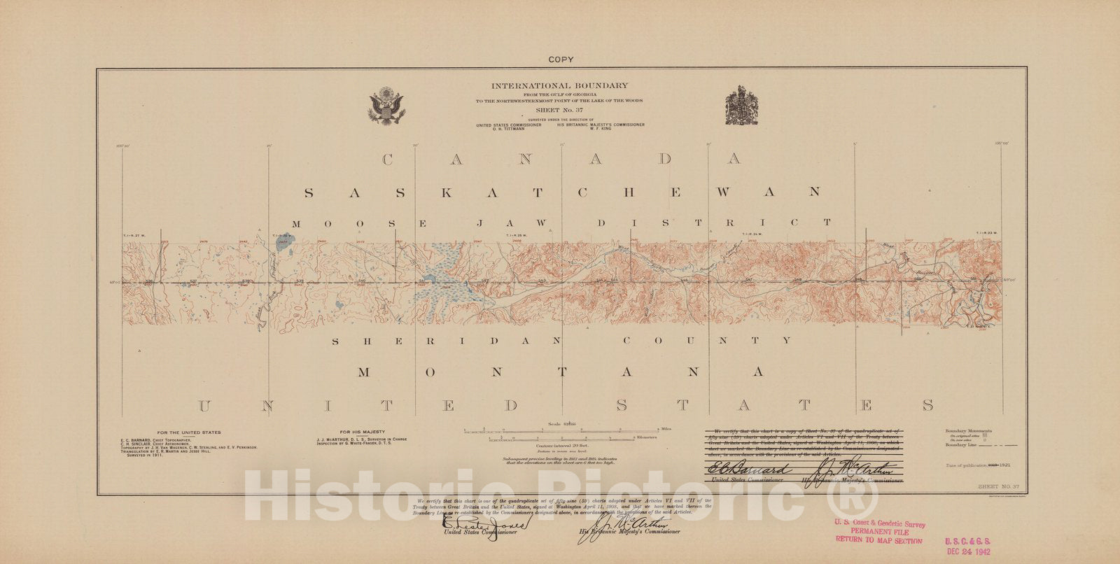 Historic Nautical Map - International Boundary, From The Gulf Of Georgia To The Northwestern Point Of The Lake To The Woods, Sheet No. 37, MT, 1921 NOAA Topographic - Vintage Poster Wall Art Reprint - 0