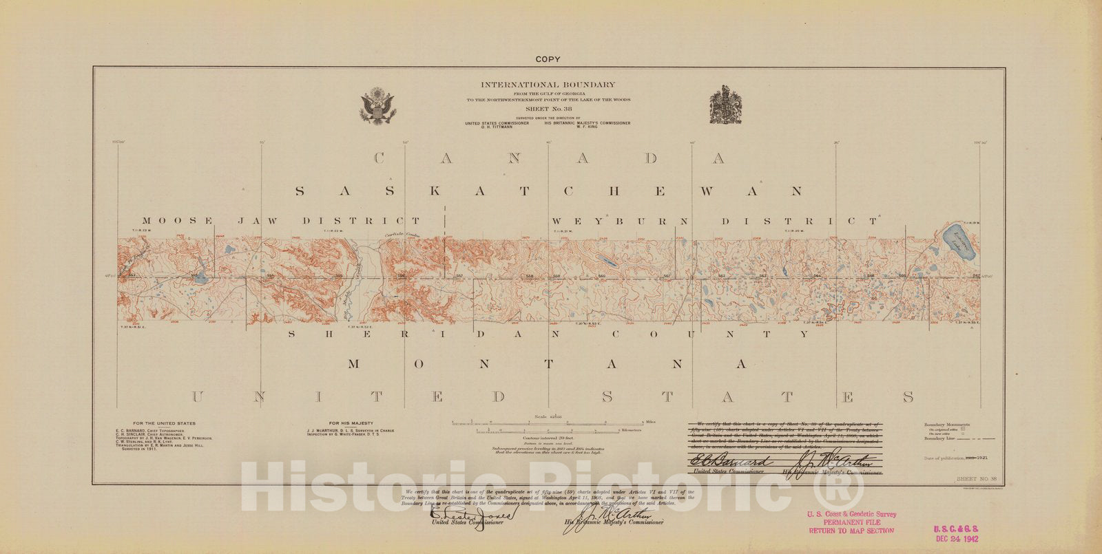 Historic Nautical Map - International Boundary, From The Gulf Of Georgia To The Northwestern Point Of The Lake To The Woods, Sheet No. 38, MT, 1921 NOAA Topographic - Vintage Poster Wall Art Reprint - 0