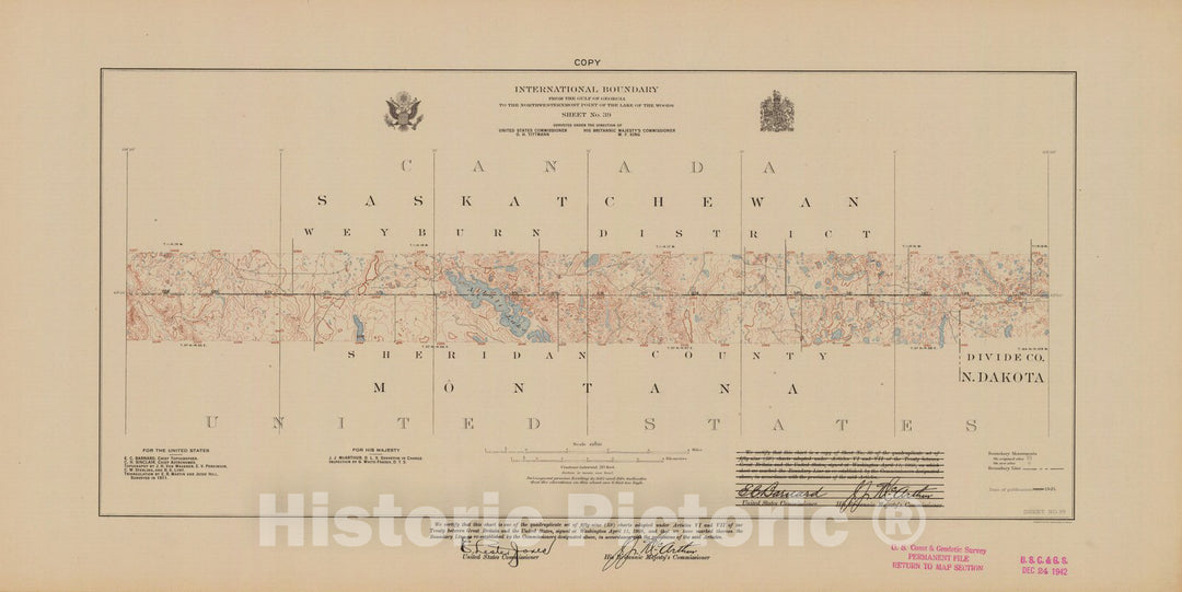 Historic Nautical Map - International Boundary, From The Gulf Of Georgia To The Northwestern Point Of The Lake To The Woods, Sheet No. 39, MT, ND, 1921 NOAA Topographic - Poster Wall Art Reprint - 0