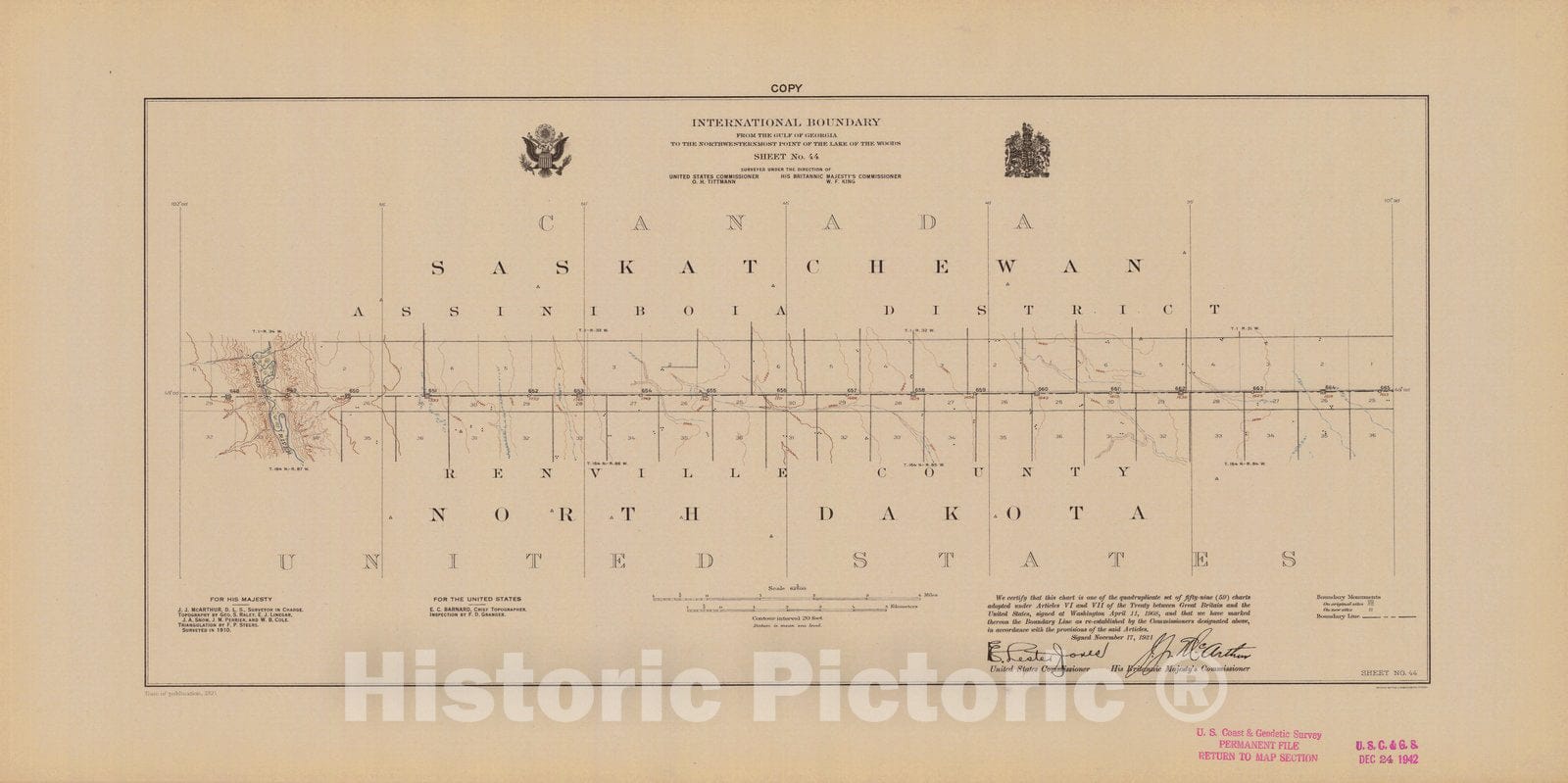 Historic Nautical Map - International Boundary, From The Gulf Of Georgia To The Northwestern Point Of The Lake To The Woods, Sheet No. 44, ND, 1921 NOAA Topographic - Vintage Poster Wall Art Reprint - 0