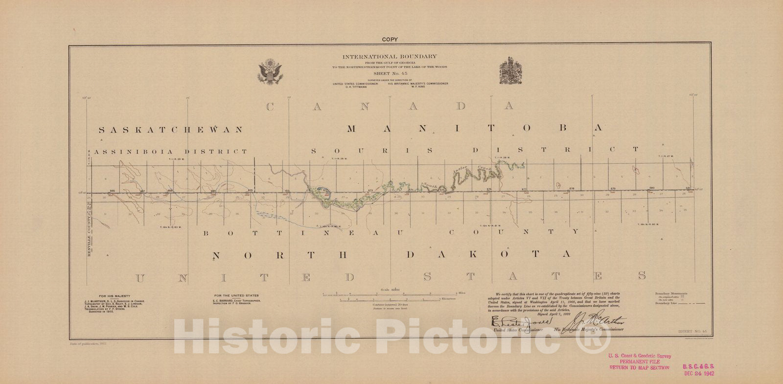 Historic Nautical Map - International Boundary, From The Gulf Of Georgia To The Northwestern Point Of The Lake To The Woods, Sheet No. 45, ND, 1922 NOAA Topographic - Vintage Poster Wall Art Reprint - 0