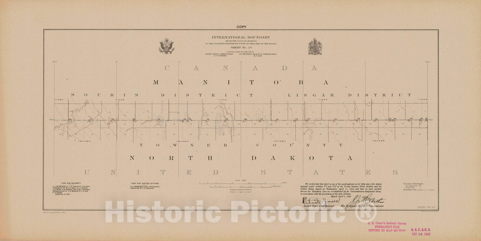 Historic Nautical Map - International Boundary, From The Gulf Of Georgia To The Northwestern Point Of The Lake To The Woods, Sheet No. 49, ND, 1922 NOAA Topographic - Vintage Poster Wall Art Reprint - 0