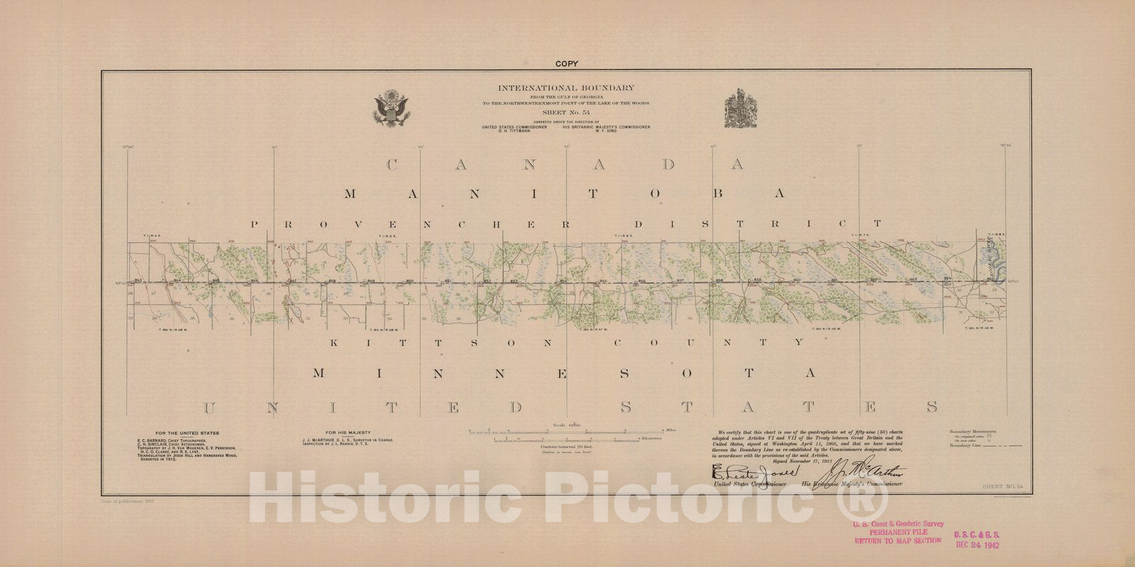 Historic Nautical Map - International Boundary, From The Gulf Of Georgia To The Northwestern Point Of The Lake To The Woods, Sheet No. 54, MN, 1921 NOAA Topographic - Vintage Poster Wall Art Reprint - 0