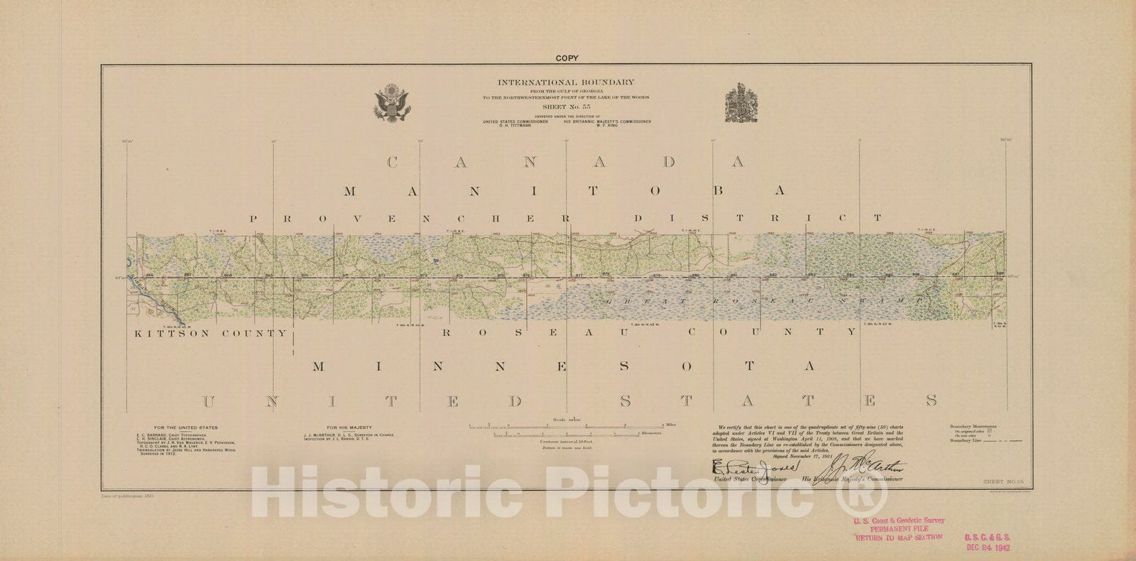 Historic Nautical Map - International Boundary, From The Gulf Of Georgia To The Northwestern Point Of The Lake To The Woods, Sheet No. 55, MN, 1921 NOAA Topographic - Vintage Poster Wall Art Reprint - 0