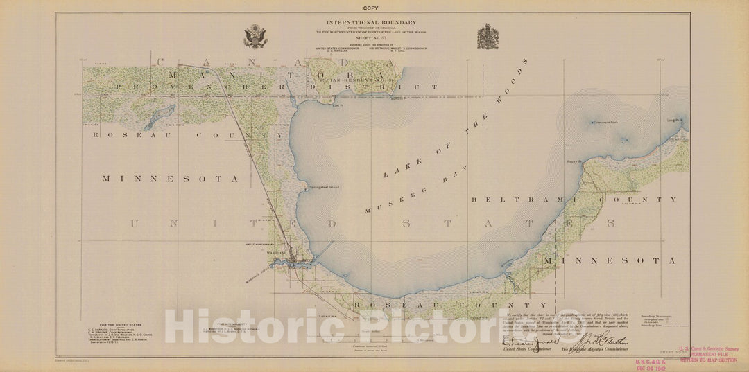 Historic Nautical Map - International Boundary, From The Gulf Of Georgia To The Northwestern Point Of The Lake To The Woods, Sheet No. 57, MN, 1921 NOAA Topographic - Vintage Poster Wall Art Reprint - 0