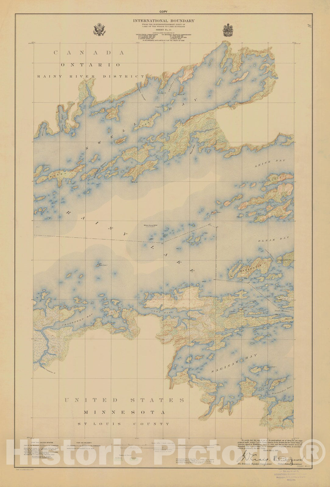 Historic Nautical Map - International Boundary, From The Northwestern Point Of Lake Of The Woods To Lake Superior, Sheet No.11, MN, 1928 NOAA Topographic - Vintage Decor Poster Wall Art Reproduction - 0