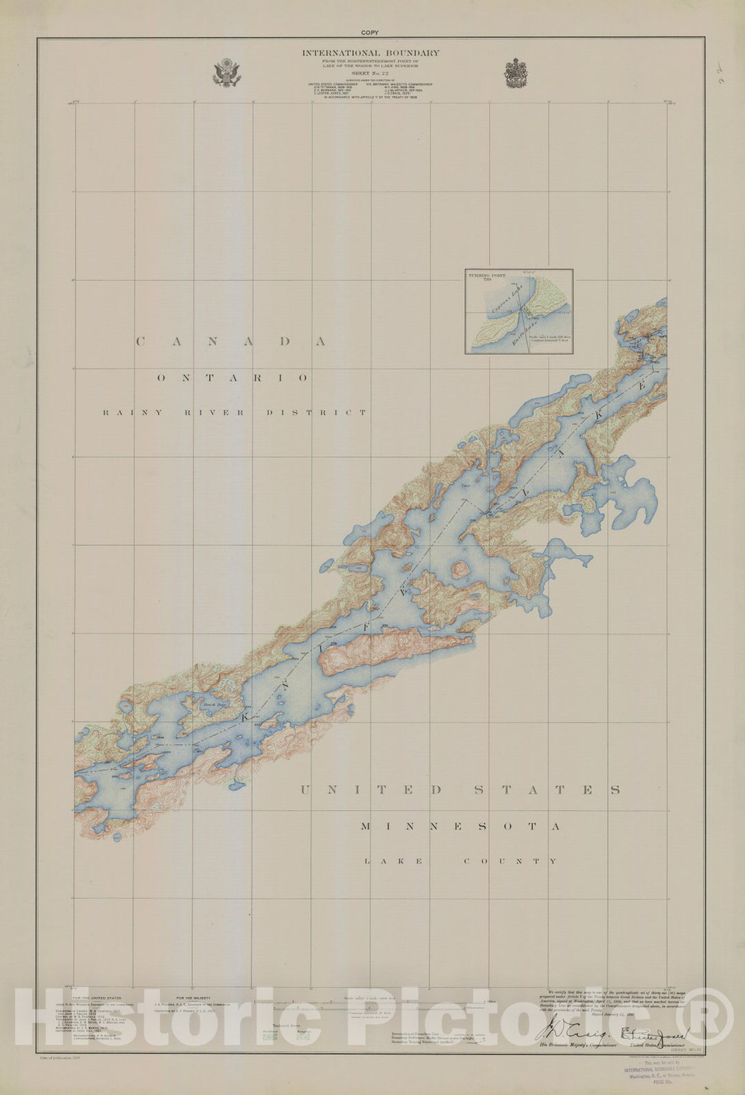 Historic Nautical Map - International Boundary, From The Northwestern Point Of Lake Of The Woods To Lake Superior, Sheet No.22, MN, 1929 NOAA Topographic - Vintage Decor Poster Wall Art Reproduction - 0