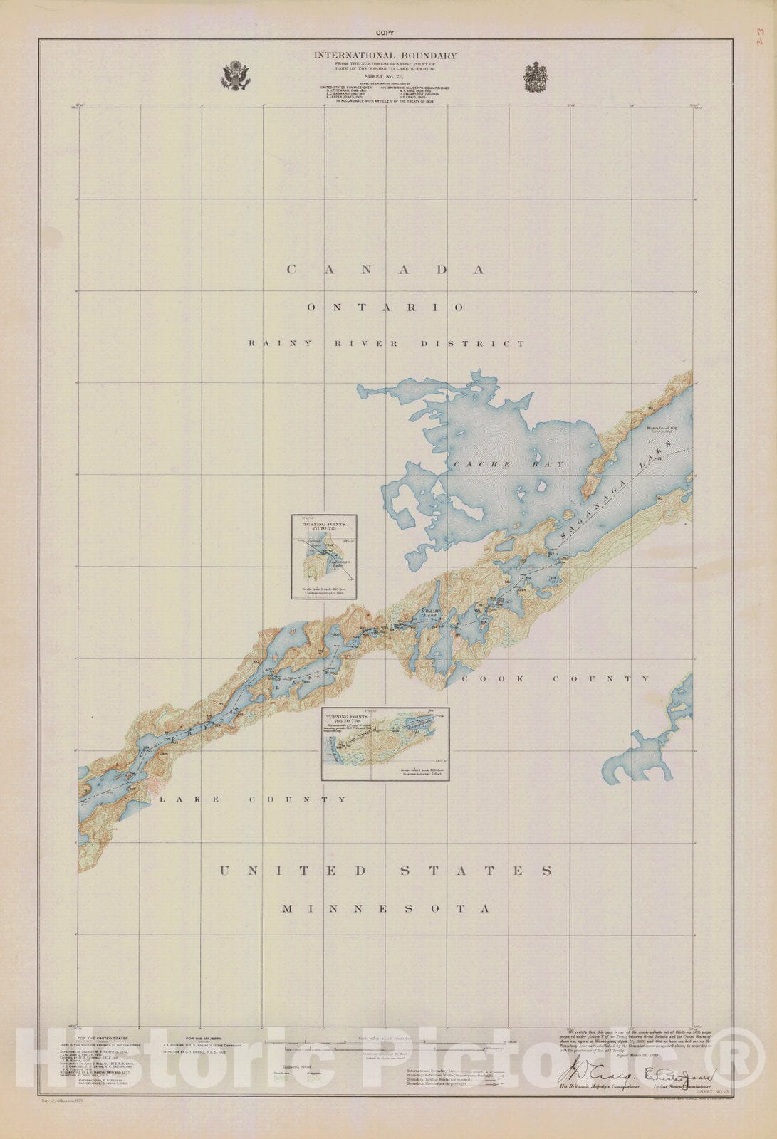 Historic Nautical Map - International Boundary, From The Northwestern Point Of Lake Of The Woods To Lake Superior, Sheet No.23, MN, 1929 NOAA Topographic - Vintage Decor Poster Wall Art Reproduction - 0