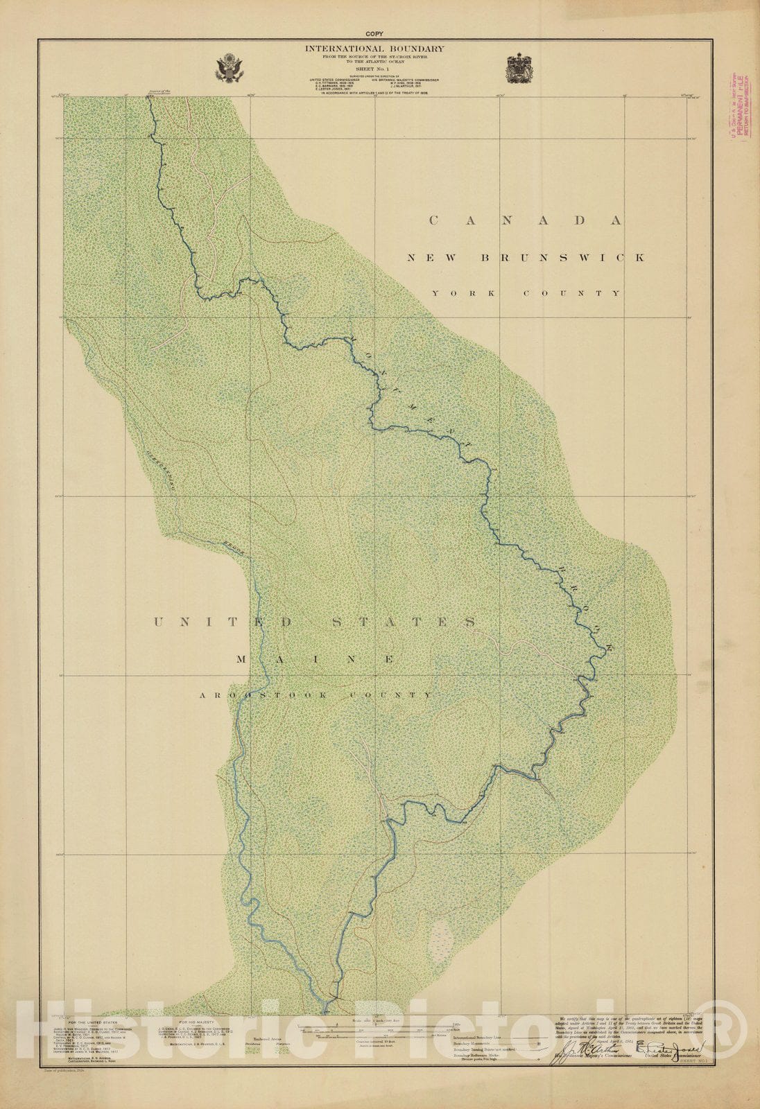 Historic Nautical Map - International Boundary, From The Source Of The St. Croix River To The Atlantic Ocean, Sheet No. 1, ME, 1924 NOAA Topographic - Vintage Wall Art