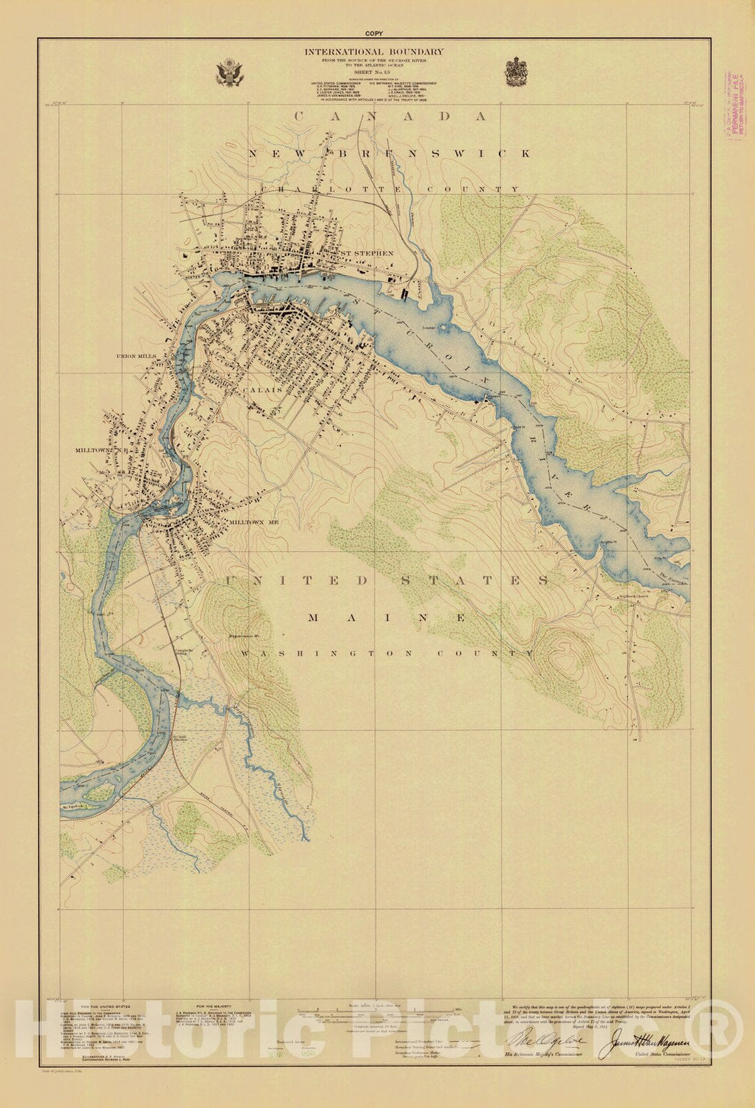 Historic Nautical Map - International Boundary, From The Source Of The St. Croix River To The Atlantic Ocean, Sheet No.13, ME, 1934 NOAA Topographic - Vintage Wall Art