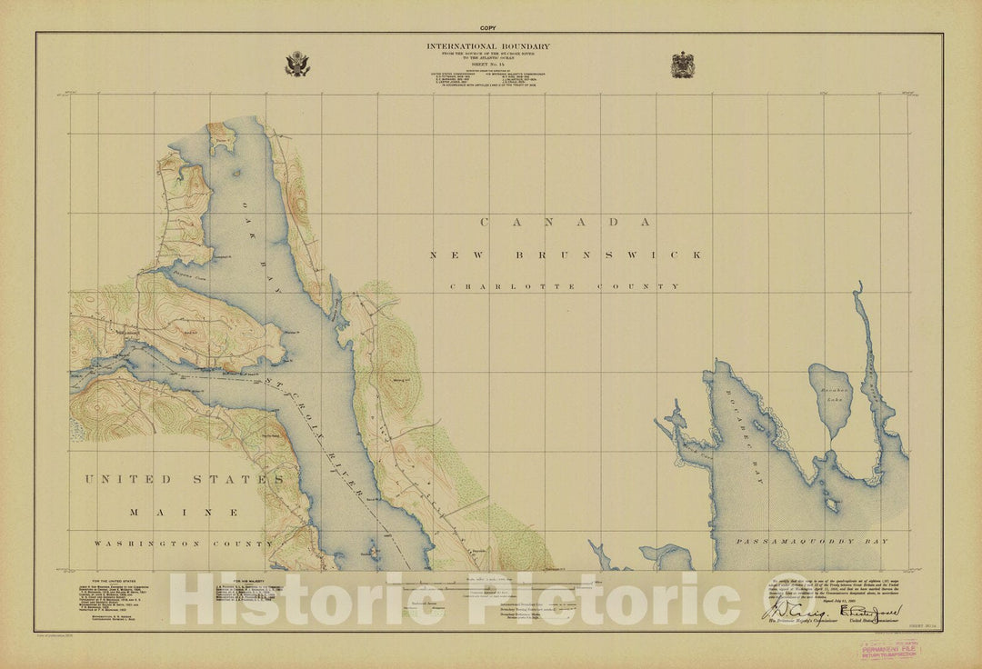 Historic Nautical Map - International Boundary, From The Source Of The St. Croix River To The Atlantic Ocean, Sheet No. 14, ME, 1925 NOAA Topographic - Vintage Wall Art