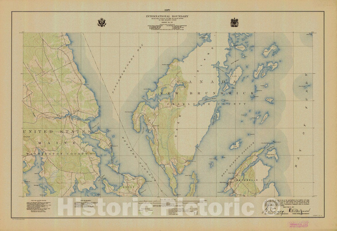 Historic Nautical Map - International Boundary, From The Source Of The St. Croix River To The Atlantic Ocean, Sheet No.16, ME, 1925 NOAA Topographic - Vintage Wall Art