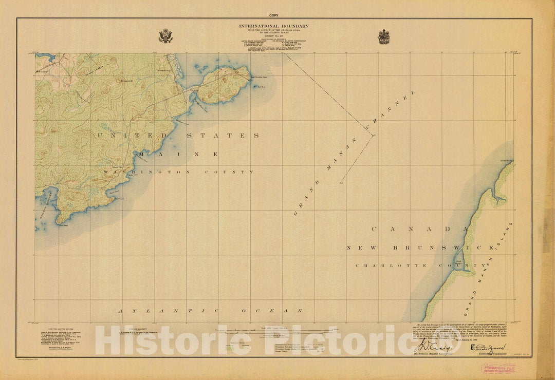 Historic Nautical Map - International Boundary, From The Source Of The St. Croix River To The Atlantic Ocean, Sheet No.18, ME, 1928 NOAA Topographic - Vintage Wall Art