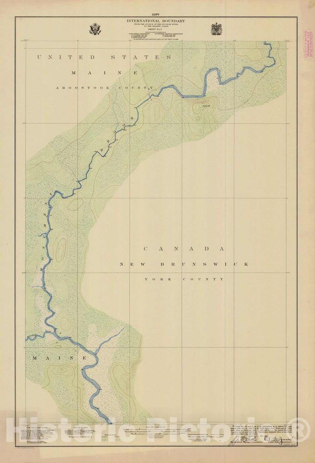 Historic Nautical Map - International Boundary, From The Source Of The St. Croix River To The Atlantic Ocean, Sheet No. 2, ME, 1924 NOAA Topographic - Vintage Wall Art