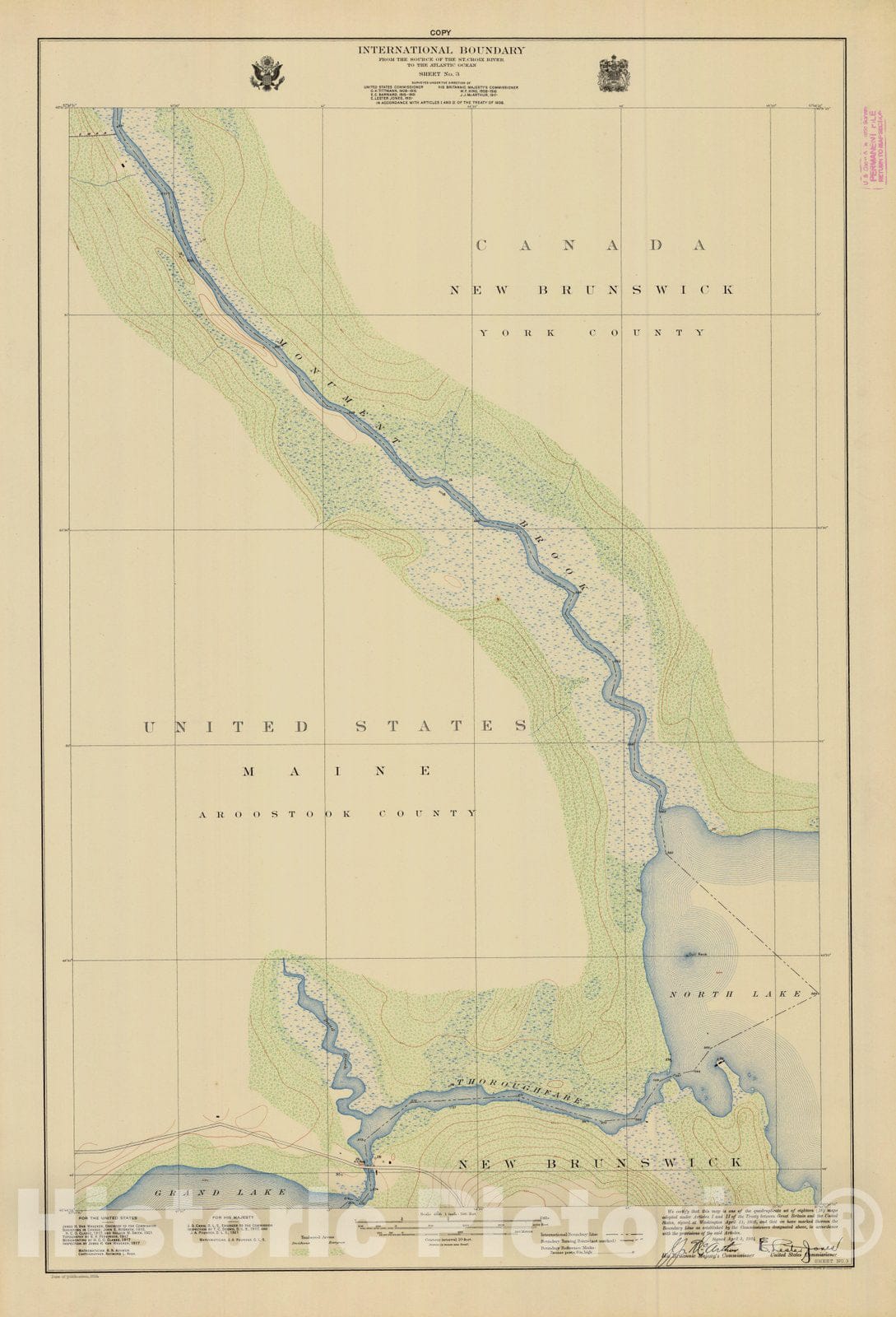 Historic Nautical Map - International Boundary, From The Source Of The St. Croix River To The Atlantic Ocean, Sheet No. 3, ME, 1924 NOAA Topographic - Vintage Wall Art