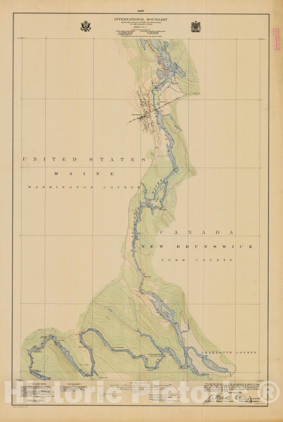 Historic Nautical Map - International Boundary, From The Source Of The St. Croix River To The Atlantic Ocean, Sheet No. 7, ME, 1924 NOAA Topographic - Vintage Wall Art