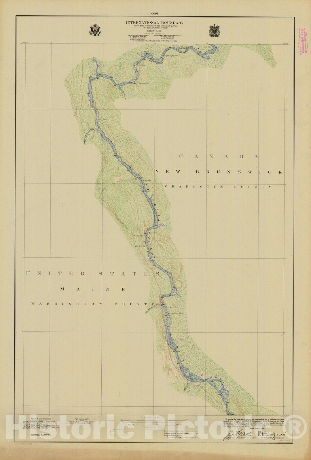 Historic Nautical Map - International Boundary, From The Source Of The St. Croix River To The Atlantic Ocean, Sheet No.8, ME, 1924 NOAA Topographic - Vintage Wall Art