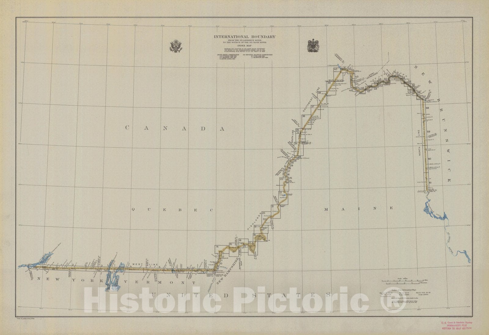 Historic Nautical Map - International Boundary, From The St. Lawrence River To The Source Of The St. Croix River, Index Map, ME, 1924 NOAA Topographic - Vintage Wall Art