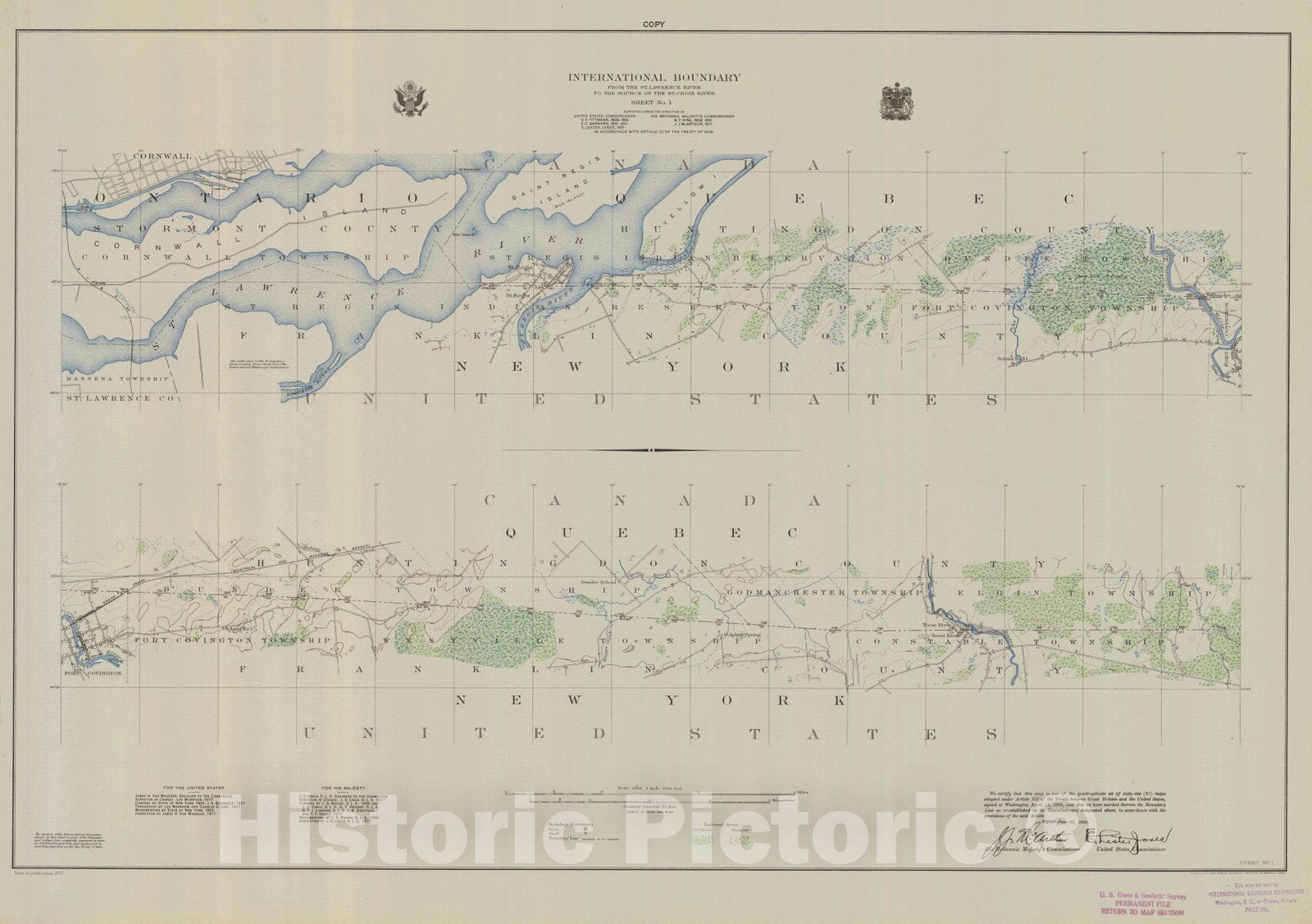 Historic Nautical Map - International Boundary, From The St. Lawrence River To The Source Of The St. Croix River, Sheet No. 1, NY, 1922 NOAA Topographic - Vintage Wall Art