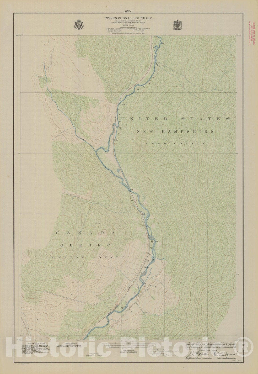 Historic Nautical Map - International Boundary, From The St. Lawrence River To The Source Of The St. Croix River, Sheet No. 11, NH, 1923 NOAA Topographic - Vintage Wall Art