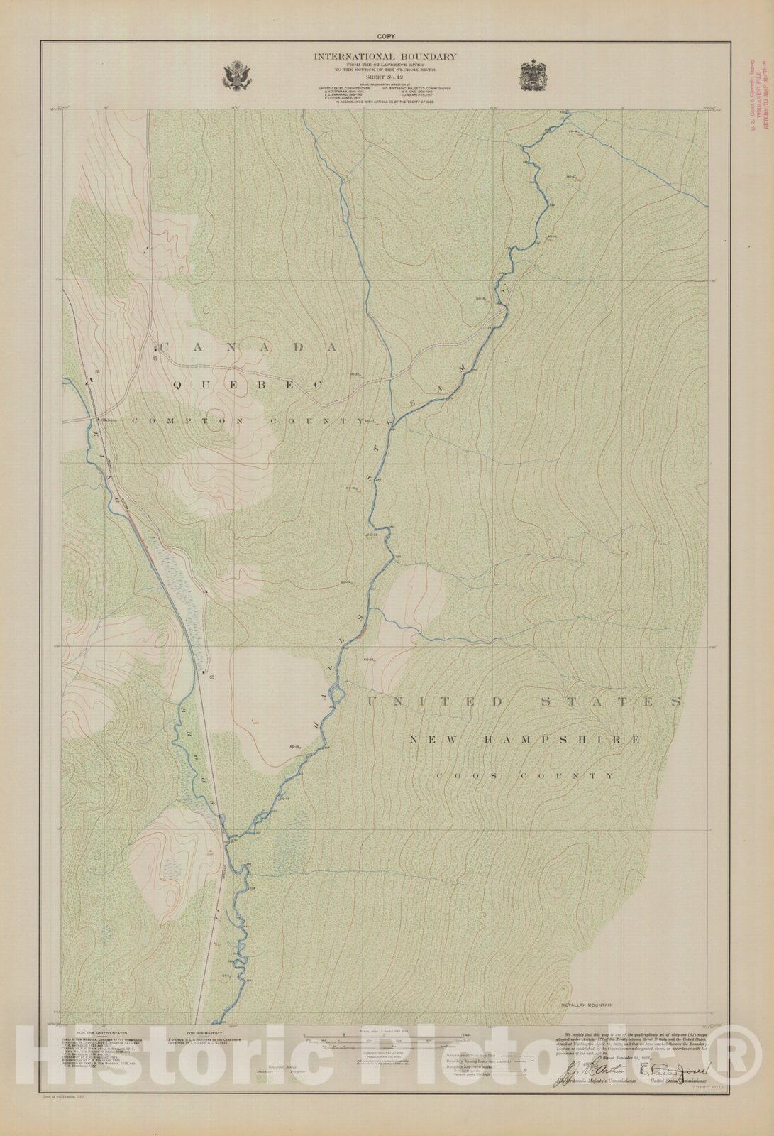 Historic Nautical Map - International Boundary, From The St. Lawrence River To The Source Of The St. Croix River, Sheet No. 12, NH, 1923 NOAA Topographic - Vintage Wall Art