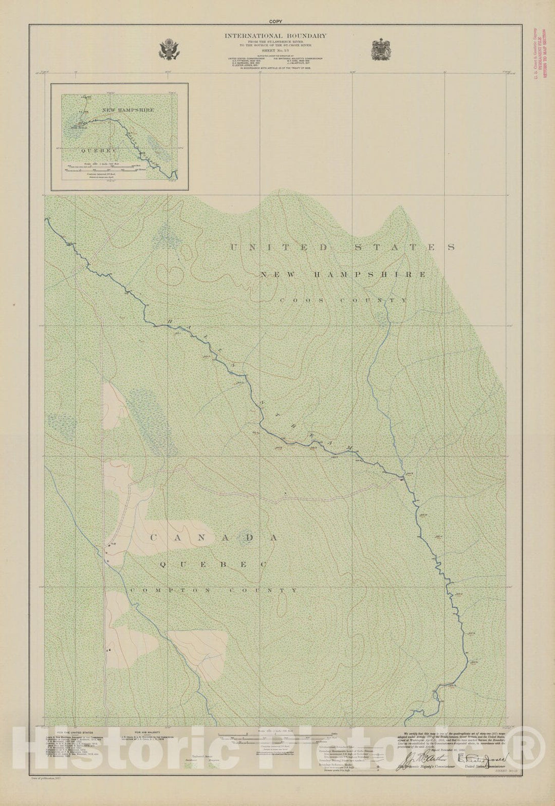 Historic Nautical Map - International Boundary, From The St. Lawrence River To The Source Of The St. Croix River, Sheet No. 13, NH, 1923 NOAA Topographic - Vintage Wall Art