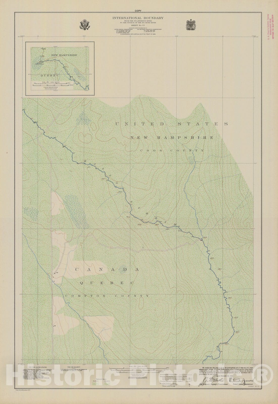 Historic Nautical Map - International Boundary, From The St. Lawrence River To The Source Of The St. Croix River, Sheet No. 13, NH, 1923 NOAA Topographic - Vintage Wall Art