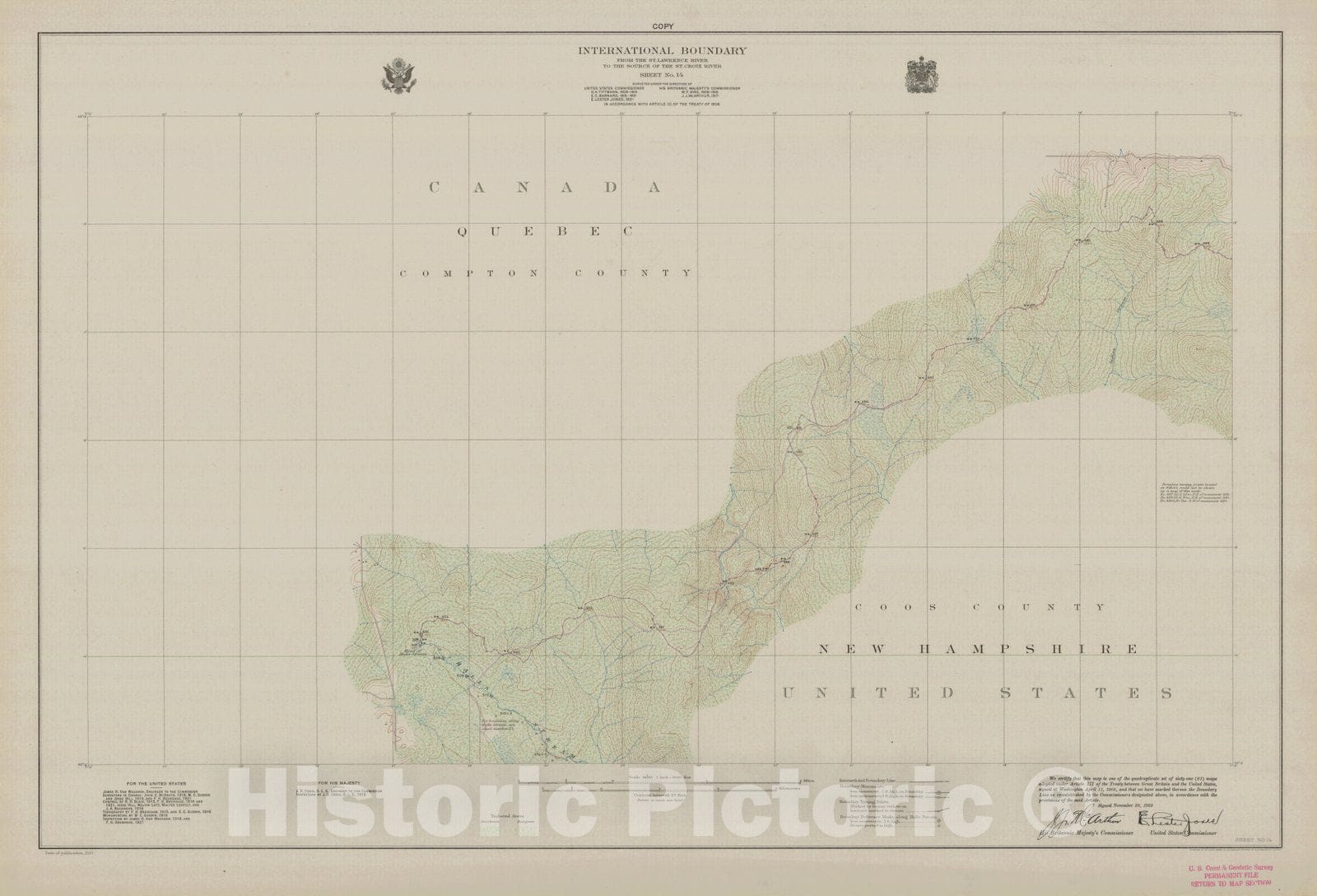 Historic Nautical Map - International Boundary, From The St. Lawrence River To The Source Of The St. Croix River Sheet No. 14, NH, 1923 NOAA Topographic - Vintage Wall Art