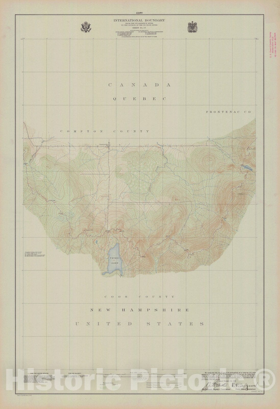 Historic Nautical Map - International Boundary, From The St. Lawrence River To The Source Of The St. Croix River Sheet No. 15, NH, 1923 NOAA Topographic - Vintage Wall Art