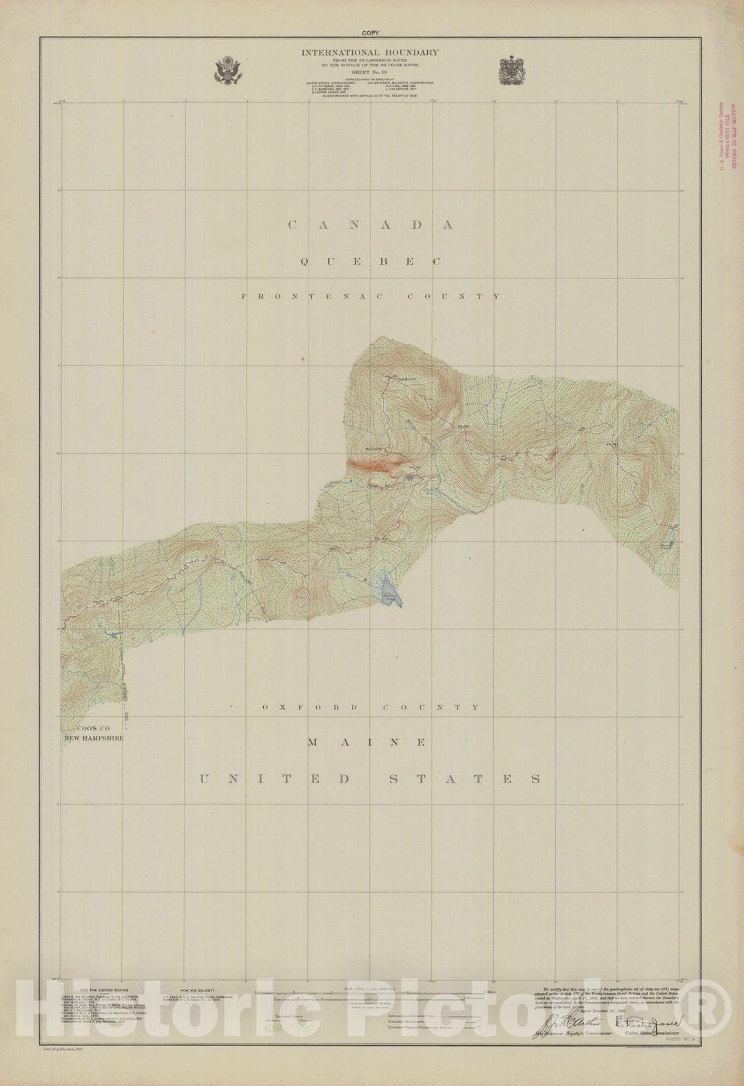 Historic Nautical Map - International Boundary, From The St. Lawrence River To The Source Of The St. Croix River Sheet No. 16, ME, NH, 1923 NOAA Topographic - Vintage Wall Art