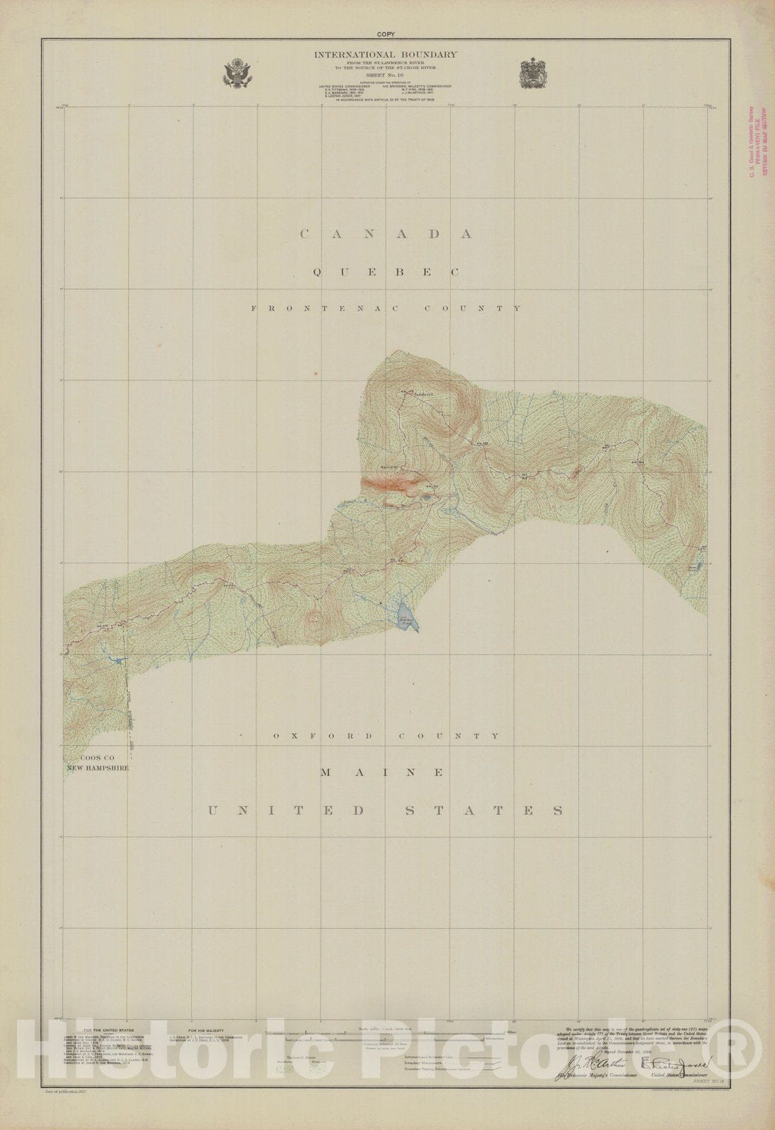 Historic Nautical Map - International Boundary, From The St. Lawrence River To The Source Of The St. Croix River Sheet No. 16, ME, NH, 1923 NOAA Topographic - Vintage Wall Art