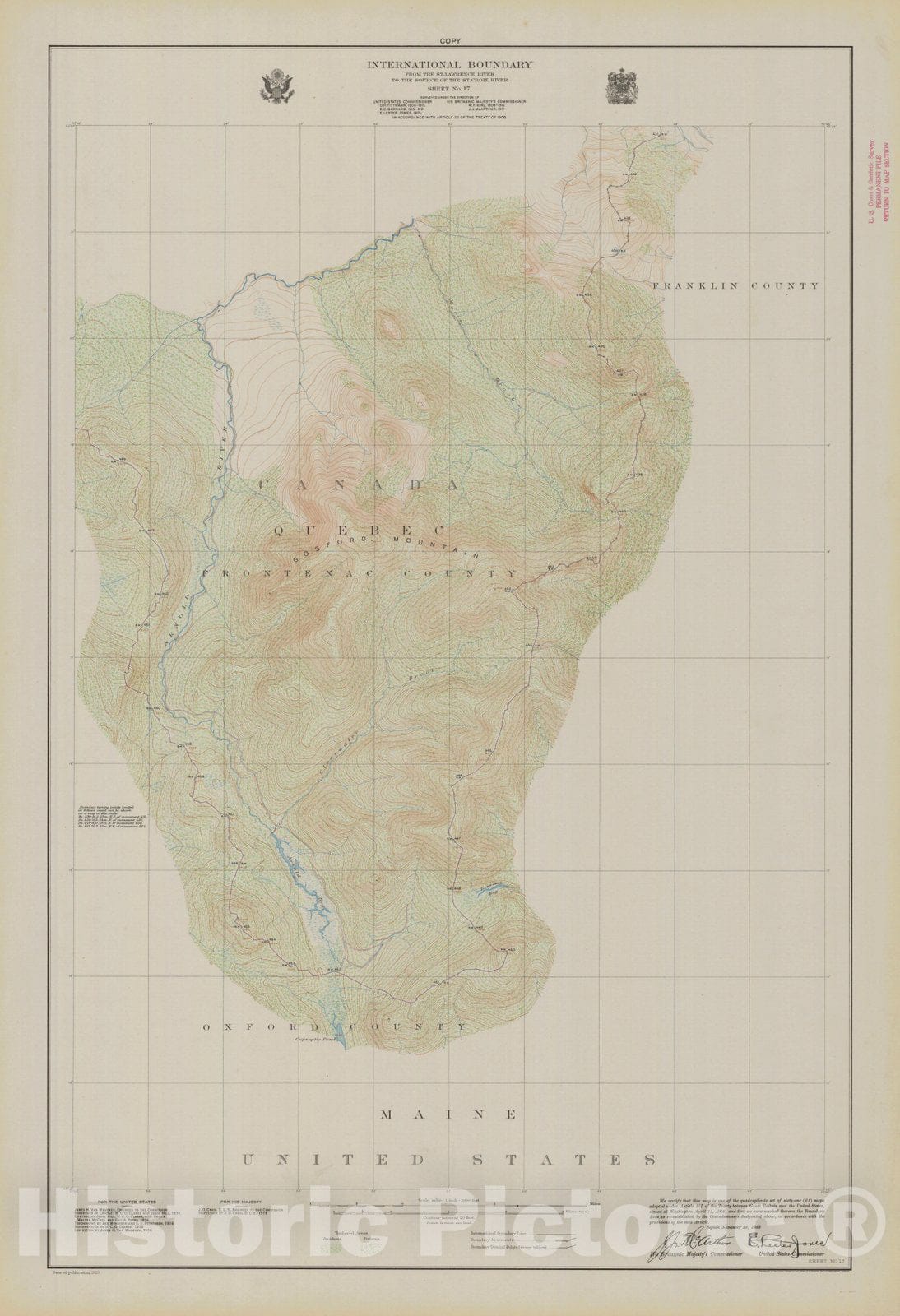 Historic Nautical Map - International Boundary, From The St. Lawrence River To The Source Of The St Croix River Sheet No. 17, ME, 1923 NOAA Topographic - Vintage Wall Art