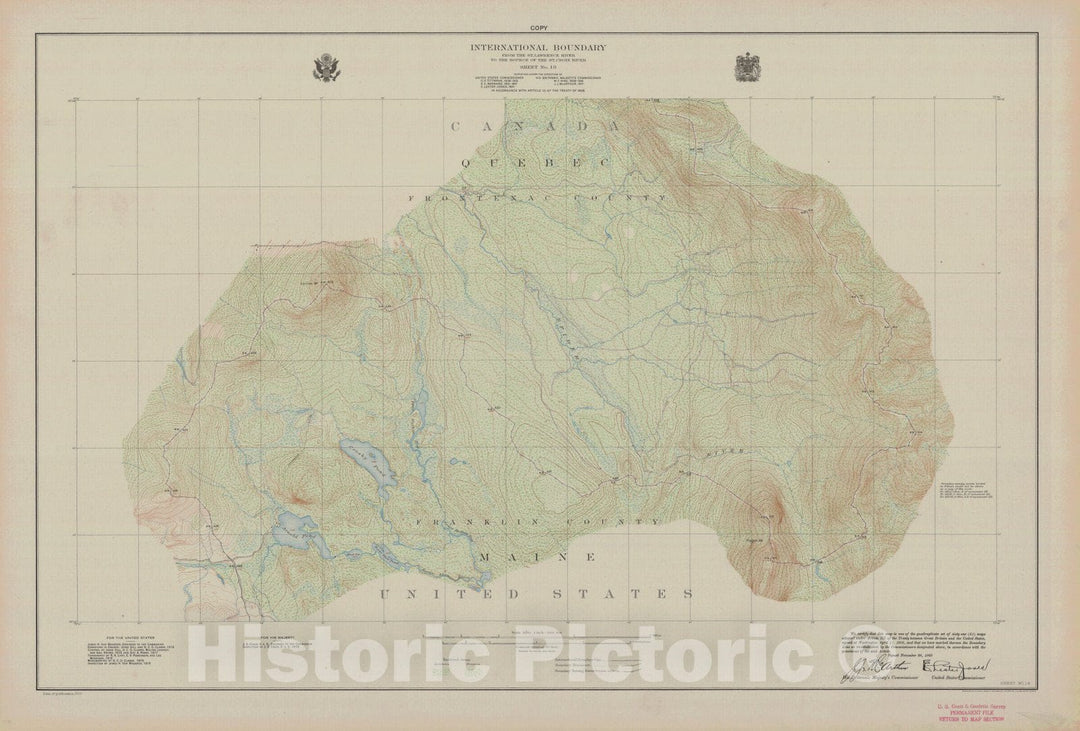 Historic Nautical Map - International Boundary, From The St. Lawrence River To The Source Of The St. Croix River Sheet No. 18, ME, 1923 NOAA Topographic - Vintage Wall Art