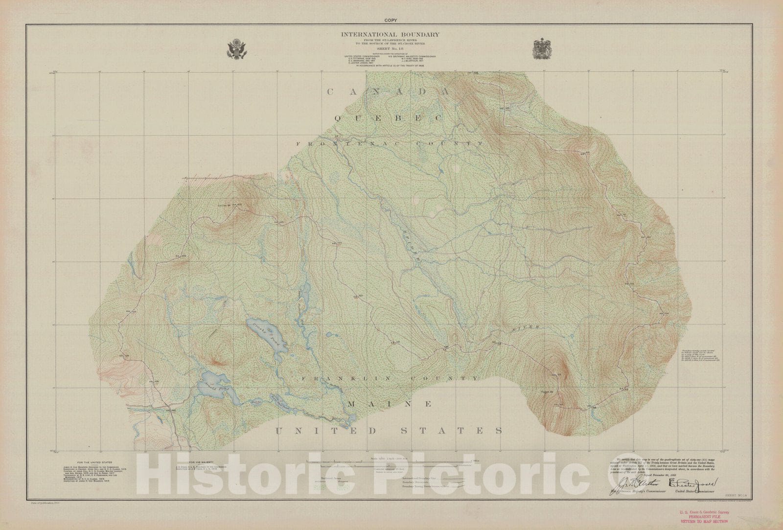 Historic Nautical Map - International Boundary, From The St. Lawrence River To The Source Of The St. Croix River Sheet No. 18, ME, 1923 NOAA Topographic - Vintage Wall Art