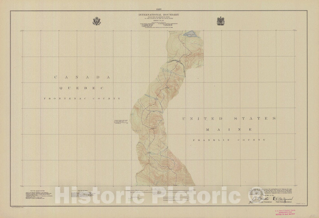 Historic Nautical Map - International Boundary, From The St. Lawrence River To The Source Of The St. Croix River, Sheet No. 19, ME, 1924 NOAA Topographic - Vintage Wall Art