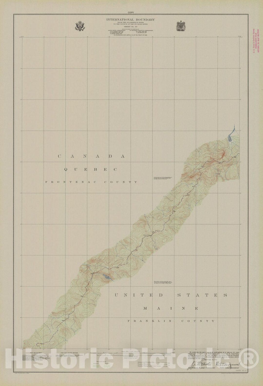 Historic Nautical Map - International Boundary, From The St. Lawrence River To The Source Of The St. Croix River, Sheet No. 20, ME, 1924 NOAA Topographic - Vintage Wall Art