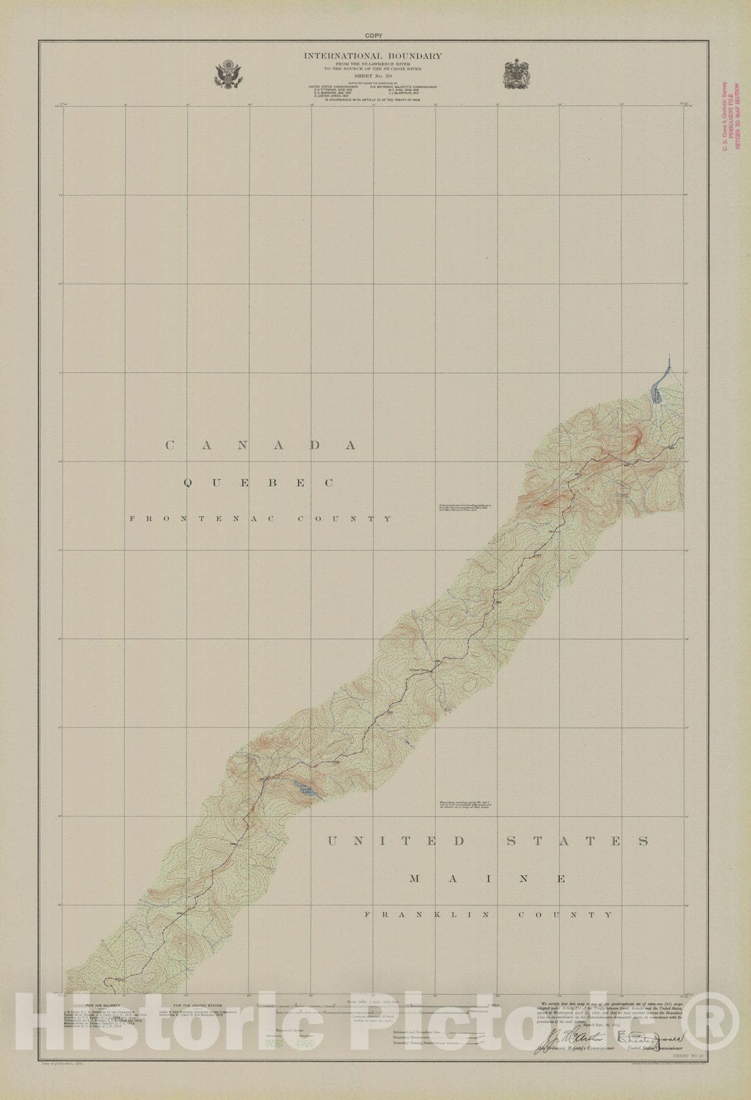 Historic Nautical Map - International Boundary, From The St. Lawrence River To The Source Of The St. Croix River, Sheet No. 20, ME, 1924 NOAA Topographic - Vintage Wall Art